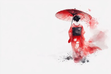 A playful 2D illustration of a geisha holding a traditional parasol, drawn in pastel tones on a white background
