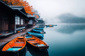 Obraz premium A quiet morning in a small fishing village along Japan coast, with boats tied to wooden docks and mist hanging in the air