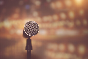 Microphone with blur light background Hall for reporter report new or public speaking or journalist...