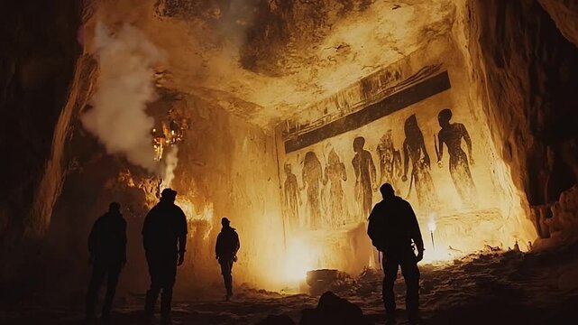 A group of explorers illuminated by torchlight discovers stunning ancient cave art etched and painted on stone walls. The scene captures the mystique of human history, archaeology, and the untold 