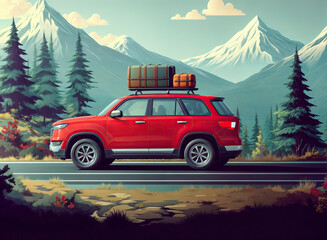 a red SUV driving on a road in a scenic landscape with mountains in the background, trees, and rocky terrain. The car has luggage strapped to its roof.