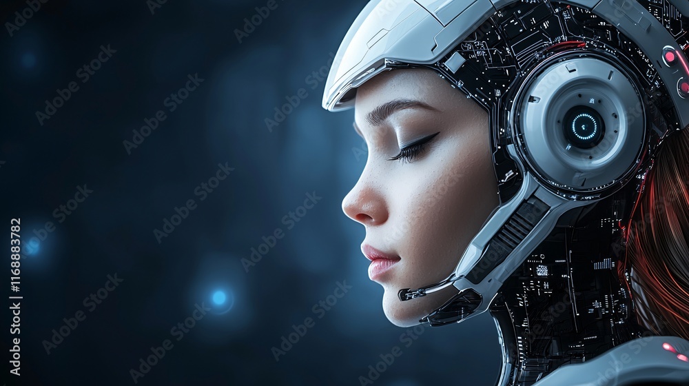 Poster Business Smart AI Solutions Efficiency virtual assistants performing tasks in futuristic corporate environments Stock Photo with side copy space