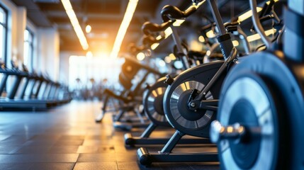 Interior of a modern fitness room with rows of exercise machines and bicycles. Great for sports and healthy lifestyle campaigns, advertising of fitness centers.