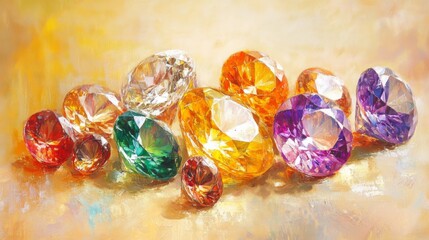 Colorful collection of brilliant gemstones displayed on a bright background with various shapes and sizes