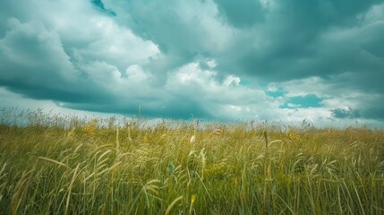 Landscape with a field of wheat under a cloudy sky. Use to create a calm and peaceful atmosphere in advertising, wallpaper or interior design.