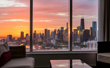 Hotel room in modern city. Modern Hotel Room with City View.