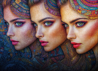 three faces with vibrant makeup and colorful backgrounds, creating a striking and artistic visual effect. The faces are depicted with intricate details and bold colors, giving the image a surreal and 