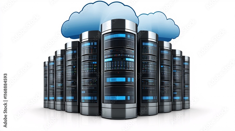 Poster Business Smart Cloud Solutions Scalability cloud servers in modern data centers with dynamic monitoring Stock Photo with side copy space