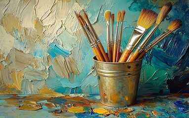 Fototapeta premium Paintbrushes in metallic bucket on textured canvas.