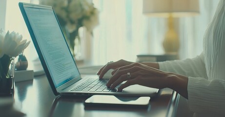 Inside a home office, a woman types on her laptop, conducting research or networking for a freelance project. Her remote work setup allows her to write emails, reports, or online reviews concerning a