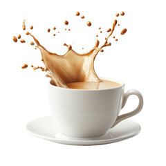 Coffee Splash: A captivating image of coffee splashing dramatically into a pristine white cup and saucer. The rich brown liquid creates a dynamic crown-like splash. 