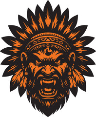 Powerful Native American Head with Fierce Expression and Sharp Eyes
