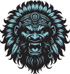 Ferocious Indian Head with Intense Expression and Powerful Gaze
