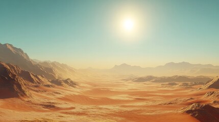 Alien planet desert landscape with sun and mountains.