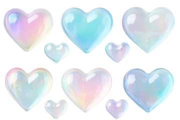 Iridescent Heart Collection: A captivating arrangement of iridescent hearts in various sizes, showcasing a spectrum of shimmering colors.