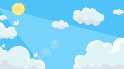 illustration blue sky white clouds simple cartoon flat art 2D and sun