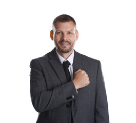 Man making promise on white background. Oath gesture