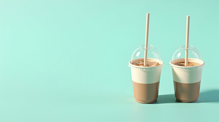 Refreshing Iced Coffee Duo: Two perfectly chilled cups await your enjoyment on a vibrant teal backdrop.  Perfect summer treat!