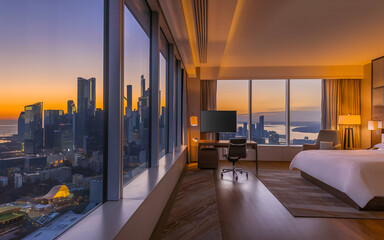 Hotel room in modern city. Modern Hotel Room with City View.