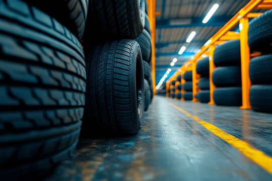 Car tires on shelves. Generative AI