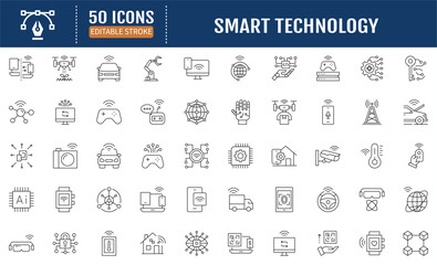 Smart Technology Line Editable Icons set. Containing Industry 4.0, 5g, ai, robot, iot, programming and more. Vector Illustration