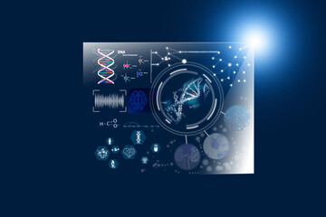 Fototapeta premium Medical technology. Different icons, DNA, human brain, kidneys, virus and neural network on dark blue background, illustration