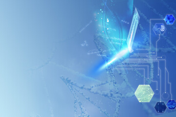 Medical technology. Scheme with neural network, human skeleton x-ray, kidneys, virus, chemical formulas and DNA on blue gradient background, illustration