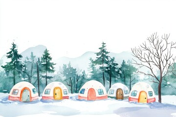 Charming winter scene featuring colorful igloo-like houses amidst snow-covered trees and serene mountains.