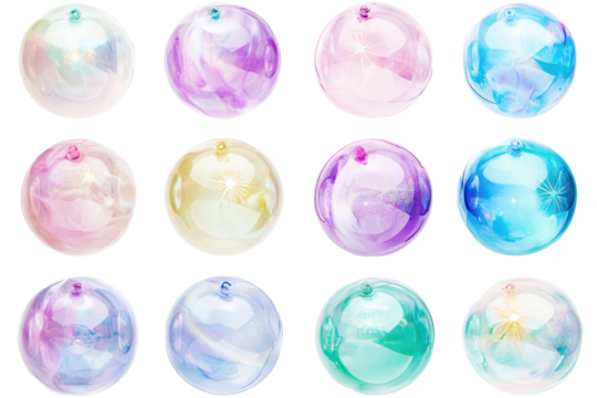 Iridescent Balloons Collection: A mesmerizing array of 12 iridescent balloons, each showcasing a unique swirl of vibrant colors, capturing the essence of playful celebration.