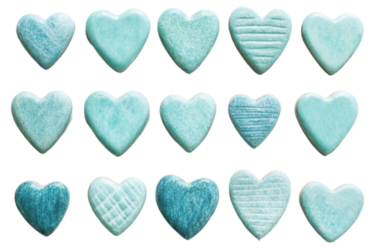 Aqua Heart Collection:  A collection of 15 hand-crafted, textured, aqua blue heart shaped tiles. The perfect decorative element for crafts, home decor, and more. 