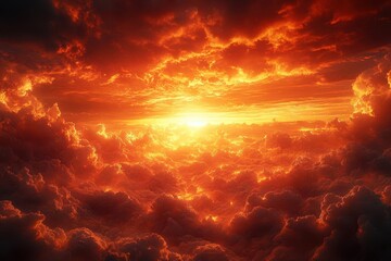 Fototapeta premium a breathtaking bright red sunset casting a dramatic glow over a turbulent sky filled with clouds evoking emotions of magic and awe ideal for a dramatic scene