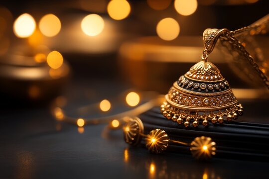 A vintage-style poster of a jewelry collection, featuring an ornate gold necklace and matching earrings in muted tones