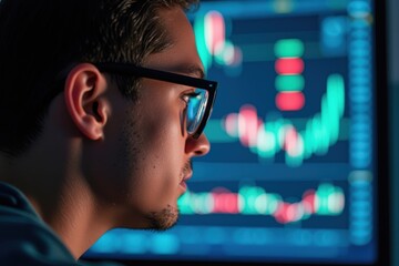 Focused young man wearing glasses deeply engrossed in analyzing data on a vibrant blue computer screen, ideal for tech and data-related marketing.