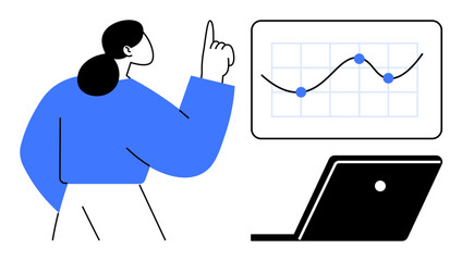 Woman in blue analyzes a line graph with data points, using a laptop. Ideal for data analysis, business strategy, meeting presentations, growth tracking, financial planning, market research