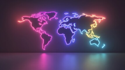 Colorful Neon World Map on Dark Background with Reflections