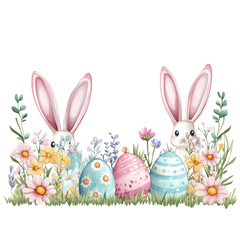 Easter Bunny and Eggs in Spring Meadow 
