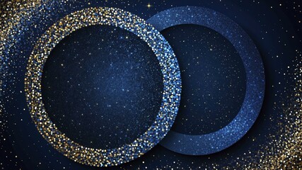 Digital artwork with overlapping circular frames in dark blue and gold glitter on a starry background.