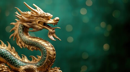 Fototapeta premium Golden-green sacramento chinese dragon statue on a dark green background with copy space
