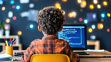 Young child learns coding in a cozy workspace filled with colorful lights and stationery
