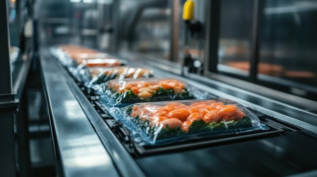 Packaged carrots move along a factory conveyor belt. Shows industrial food processing and packaging.