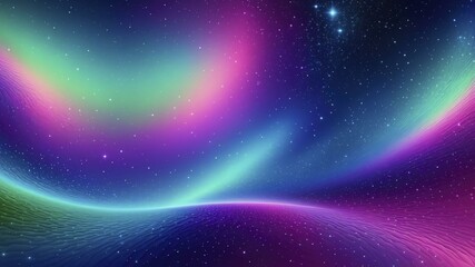 Obraz premium Digital artwork depicting a cosmic scene with a starry sky, aurora borealis, and glowing iridescent terrain