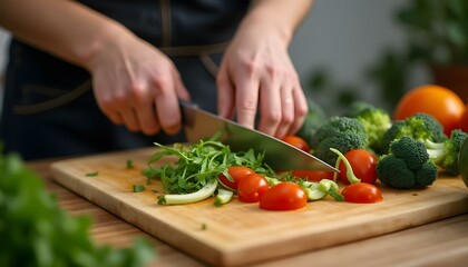 Hands Chopping Fresh Vegetables on a Wooden Cutting Board in a Cozy Kitchen