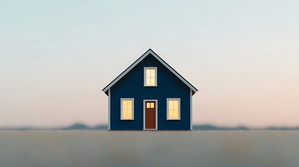 Small blue house with lit windows at dusk.