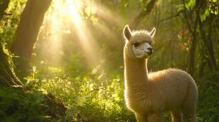 Fototapeta premium Charming Alpaca in Serene Forest with Light Rays at Sunrise