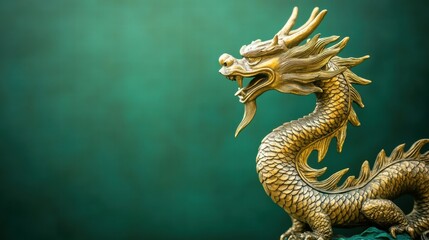 Fototapeta premium Golden-green sacramento chinese dragon statue on a dark green background with copy space