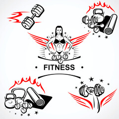 Fitness and bodybuilding collection labels and icon set. Collection icon fitness. Vector