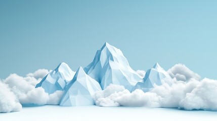 A stunning view of majestic mountains covered in snow, surrounded by soft clouds under a clear blue sky.