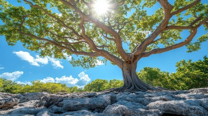 Fototapeta premium Majestic tree with exposed roots on rocky ground, sun shining through leaves, blue sky.