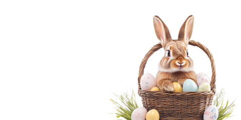 Easter banner with a bunny and a basket of painted colorful eggs isolated on transparent background. Happy Easter banner for advertisement, header, easter rabbit, egg, and spring flowers, copy space