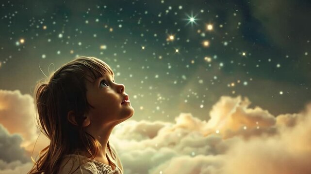 A young child looks upward in awe at a galaxy filled with stars and soft, fluffy clouds. The scene captures a moment of wonder and imagination in a beautifully lit sky.